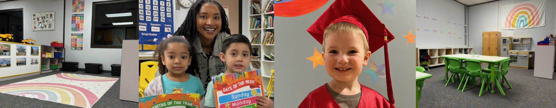 Collage of preschool classroom scenes, including rainbow-themed decor, a teacher with two young children holding books, and a child in a red graduation cap and gown.
