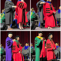 Dr. Katie Menon, hooded by Dr. Rochelle Newman, Dr. Erica Exton, hooded by Dr. Rochelle Newman , Dr. Ally Vidal, hooded by Dr. Andrea Z. Anderson, Dr. Marjan Davoodian, hooded by Dr. David Goupell