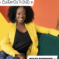 Portrait graphic of a smiling woman seated on a green couch against an orange background. She is wearing a bright yellow blazer over a black top and patterned blue pants. Text at the top reads “DO GOOD CAMPUS FUND,” and a banner at the bottom right reads “GRANT RECIPIENT.”