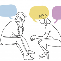 A continuous line drawing of two people sitting and facing each other in conversation. The person on the left leans forward with a hand on their head, while the person on the right gestures with an open hand. Colorful speech bubbles in green, blue, yellow, and purple float above them. Illustration is simple and minimal, used to represent communication or counseling.