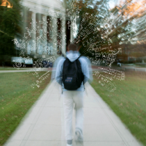 A student wearing a backpack walks on a campus sidewalk toward a large building, shown with motion blur and surrounded by white doodles of notes, arrows, and symbols that suggest busy thoughts, stress, or information overload.