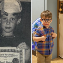 Side-by-side image showing a child at two different stages: on the left, a black-and-white childhood photo of a young boy in a graduation cap holding a certificate; on the right, a recent color photo of a young child wearing glasses and a plaid shirt, standing beside a sign that reads “To LEAP.”