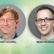 photo of Dr. Goupell and Dr. Monson's headshots in a green background