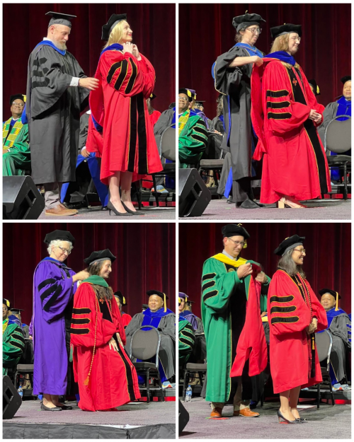 Dr. Katie Menon, hooded by Dr. Rochelle Newman, Dr. Erica Exton, hooded by Dr. Rochelle Newman , Dr. Ally Vidal, hooded by Dr. Andrea Z. Anderson, Dr. Marjan Davoodian, hooded by Dr. David Goupell