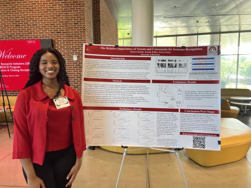 Reach student standing with their poster titled "The Relative Importance of Vowels and Consonants for Sentence Recognition"