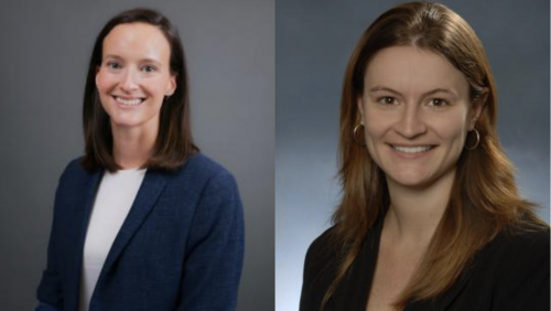 Side by side professional headshots of two women. On the left, Dr. Powell with straight brown hair wearing a blue blazer and white top smiles against a gray background. On the right, Dr. Nguyen with light brown hair wearing a black blazer and hoop earrings smiles against a soft blue studio background.