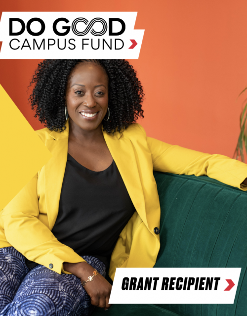 Portrait graphic of a smiling woman seated on a green couch against an orange background. She is wearing a bright yellow blazer over a black top and patterned blue pants. Text at the top reads “DO GOOD CAMPUS FUND,” and a banner at the bottom right reads “GRANT RECIPIENT.”