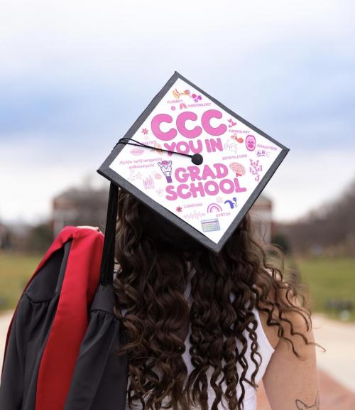 graduation cap with the saying "CCC you in Grad School" on it.