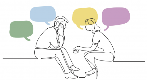 A continuous line drawing of two people sitting and facing each other in conversation. The person on the left leans forward with a hand on their head, while the person on the right gestures with an open hand. Colorful speech bubbles in green, blue, yellow, and purple float above them. Illustration is simple and minimal, used to represent communication or counseling.