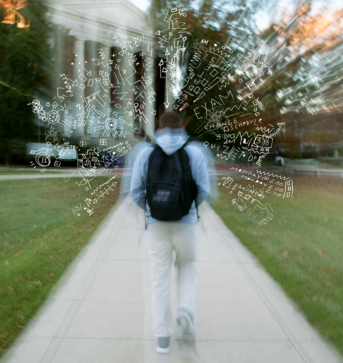 A student wearing a backpack walks on a campus sidewalk toward a large building, shown with motion blur and surrounded by white doodles of notes, arrows, and symbols that suggest busy thoughts, stress, or information overload.