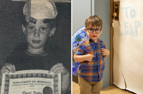 Side-by-side image showing a child at two different stages: on the left, a black-and-white childhood photo of a young boy in a graduation cap holding a certificate; on the right, a recent color photo of a young child wearing glasses and a plaid shirt, standing beside a sign that reads “To LEAP.”