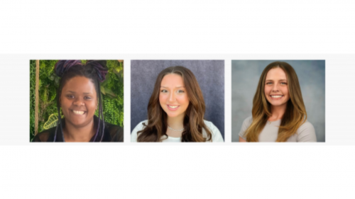 Three smiling women are shown in side-by-side portraits. The first has braided hair with purple highlights and is pictured against a leafy green background. The second has long brown hair and is in front of a gray backdrop. The third has straight light brown hair and is in front of a blue-gray background.