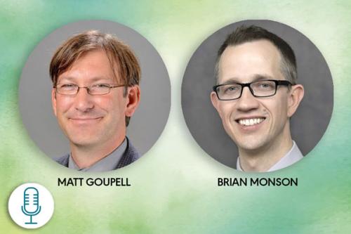 photo of Dr. Goupell and Dr. Monson's headshots in a green background